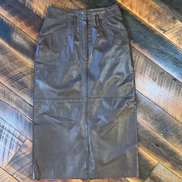 Vintage Together Genuine Leather Pencil Skirt Brown Size 6 High Waist Midi - Picture 1 of 6